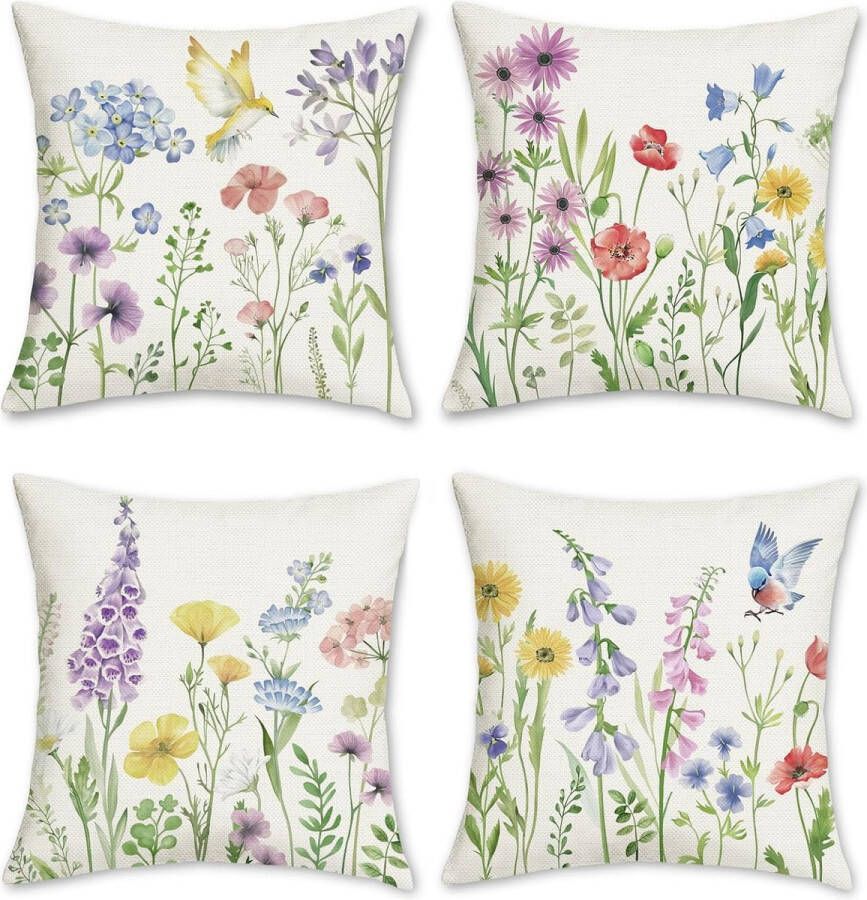 Set van 4 kussenslopen lentebloemen 45 x 45 cm tuin bloem vogels polyester linnen decoratieve kussenhoezen voor bank huis tuin buiten lente decoratie
