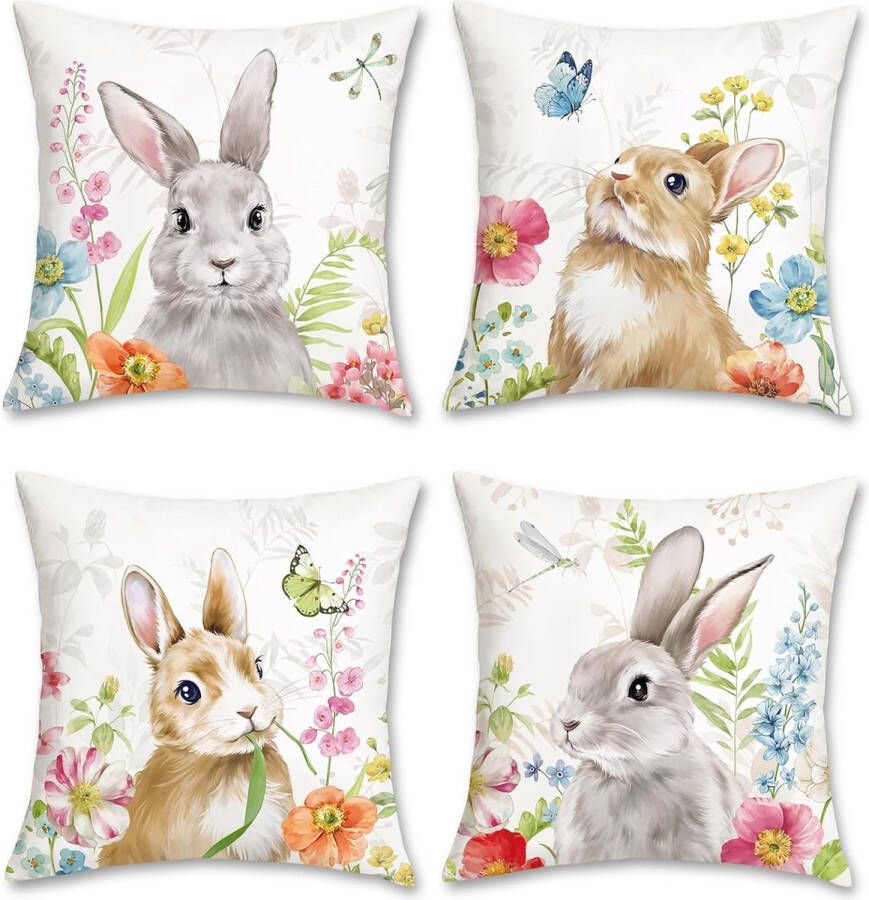 Set van 4 kussenslopen met paashaas 45 x 45 cm grijs bruin konijntje bloemen lente decoratieve kussenhoezen sierkussenslopen voor bank slaapkamer thuis tuin lentedecoratie