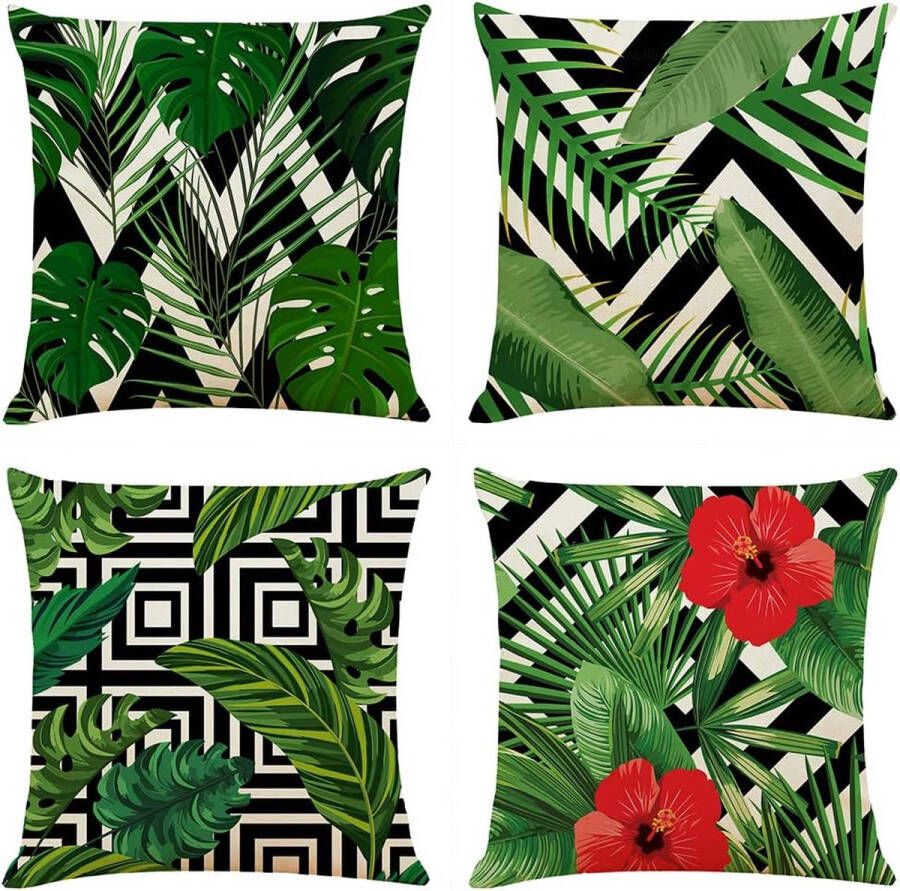 Set van 4 kussenslopen met planten geometrisch patroon 45 x 45 cm linnen decoratieve kussenhoes groene bankkussenhoezen jungle voor bank natuurlijke bank kussenhoes