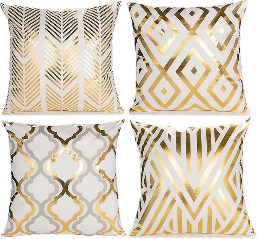Set van 4 Kussenslopen – Moderne Geometrische Ontwerpen met Verborgen Ritssluiting 45x45 cm Geschikt voor Bank Stoel en Tuin (Wit Goudkleurig)