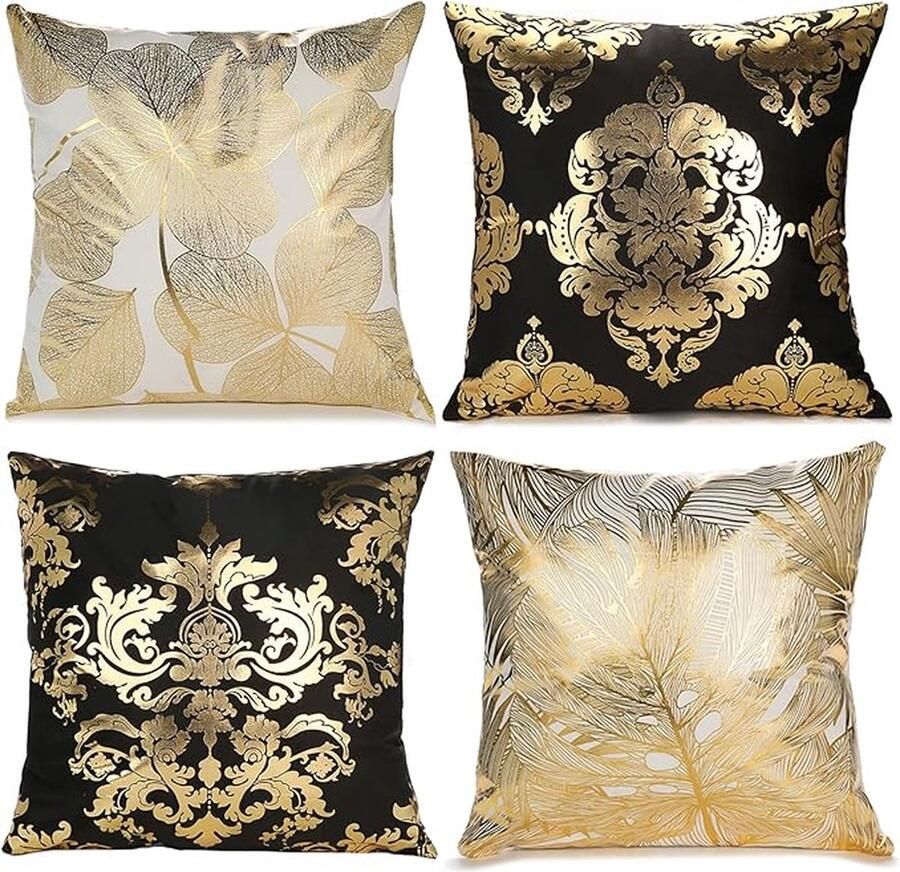 Set van 4 Kussenslopen – Moderne Geometrische Ontwerpen met Verborgen Ritssluiting 45x45 cm Geschikt voor Bank Stoel en Tuin (Wit en Zwart Goudkleurig)