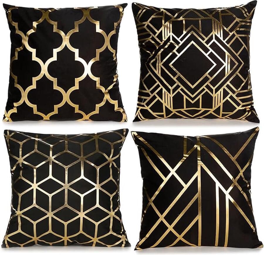 Set van 4 Kussenslopen – Moderne Geometrische Ontwerpen met Verborgen Ritssluiting 45x45 cm Geschikt voor Bank Stoel en Tuin (Zwart Goudkleurig)