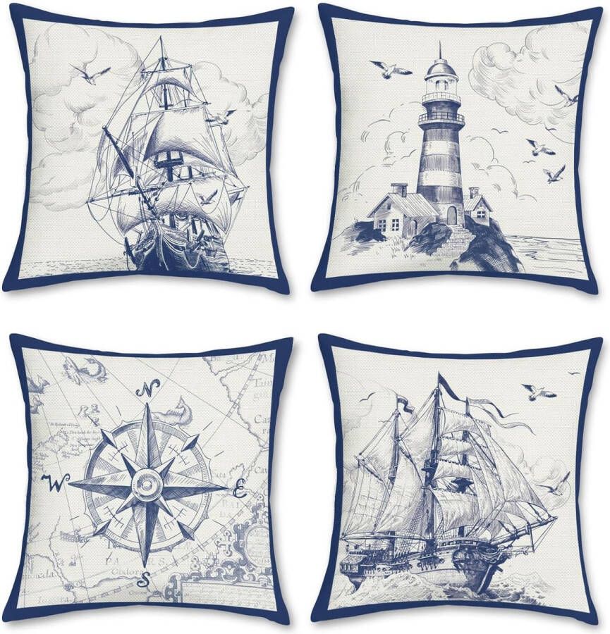 Set van 4 kussenslopen nautisch zeilboot kompas 45 x 45 cm polyester linnen decoratieve kussenhoezen voor bank slaapkamer woonkamer woondecoratie
