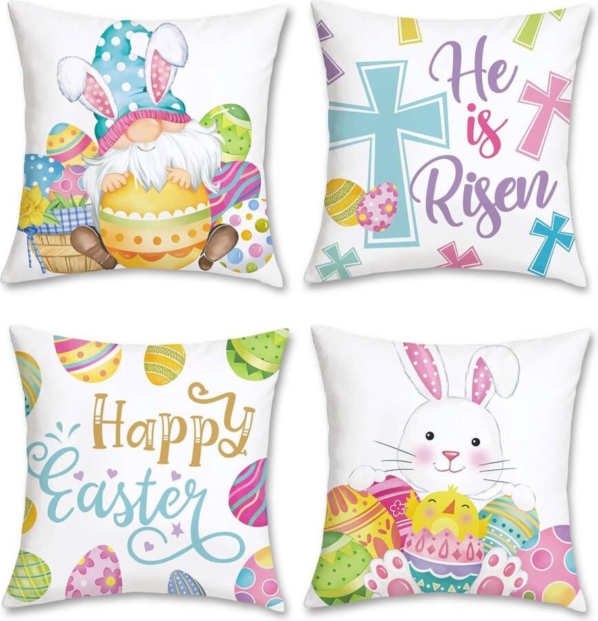 Set van 4 kussenslopen Pasen Vrolijk 45 x 45 cm paaseieren haas gnom lente decoratieve kussenhoes sierkussenslopen voor bank slaapkamer thuis lente Pasen decoratie