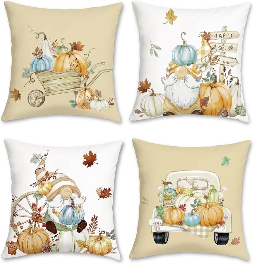 Set van 4 kussenslopen pompoen herfst 45 x 45 cm bladeren vrachtwagen oranje decoratieve kussenhoezen sierkussenslopen voor bank slaapkamer thuis tuin decoratie