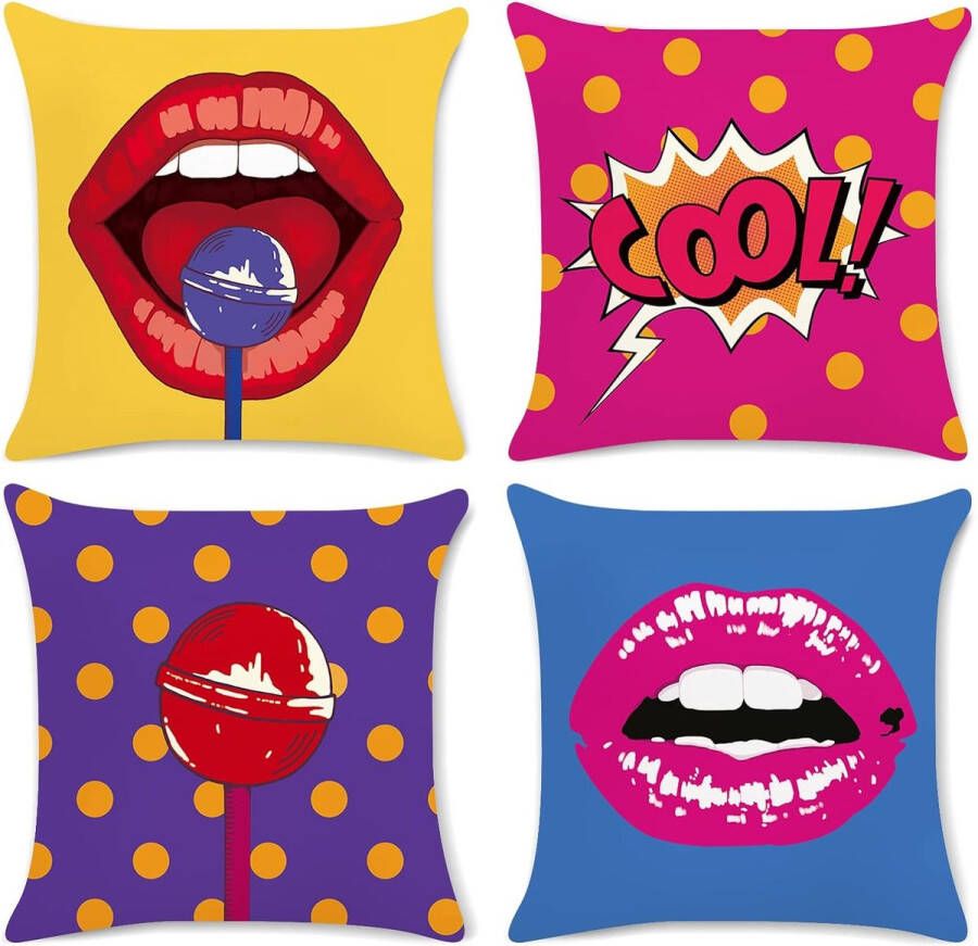 Set van 4 kussenslopen Pop Art 45 x 45 cm lippen polkadot fluweel voor decoratieve kussenshoes sierkussenhoezen voor bank slaapkamer woonkamer auto woondecoratie