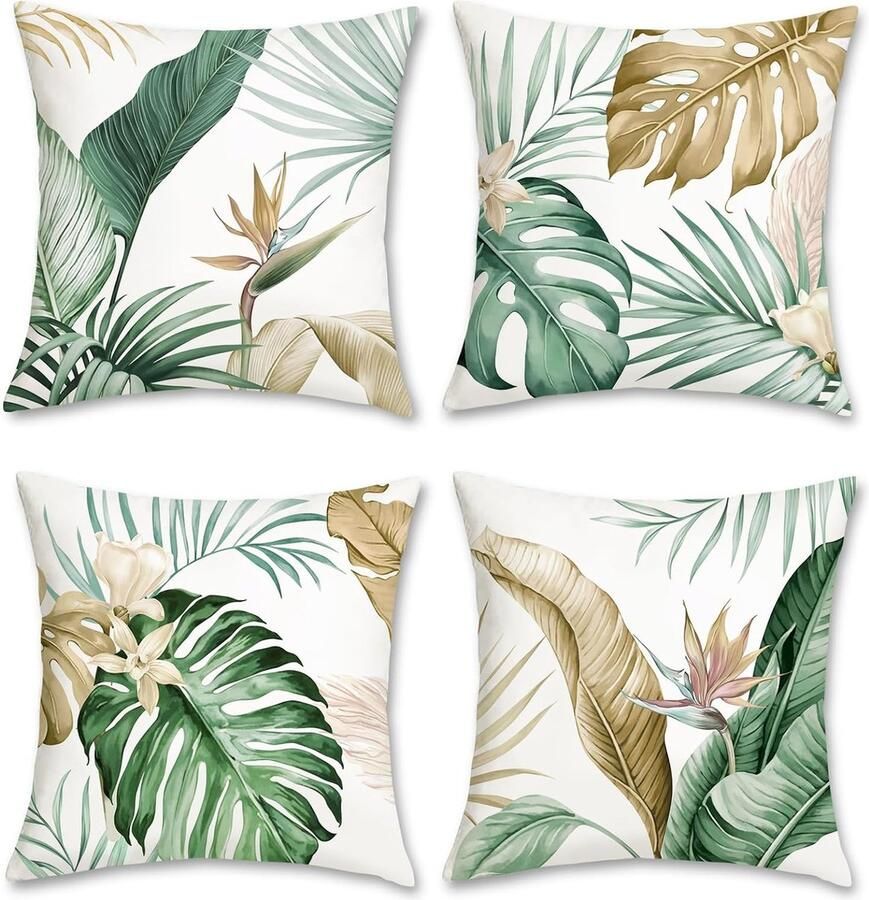 Set van 4 kussenslopen tropische bladeren 45 x 45 cm groen-bruin bladeren fluweel zachte decoratieve kussenhoezen sierkussenovertrekken voor bank thuis tuin patio zomerdecoratie