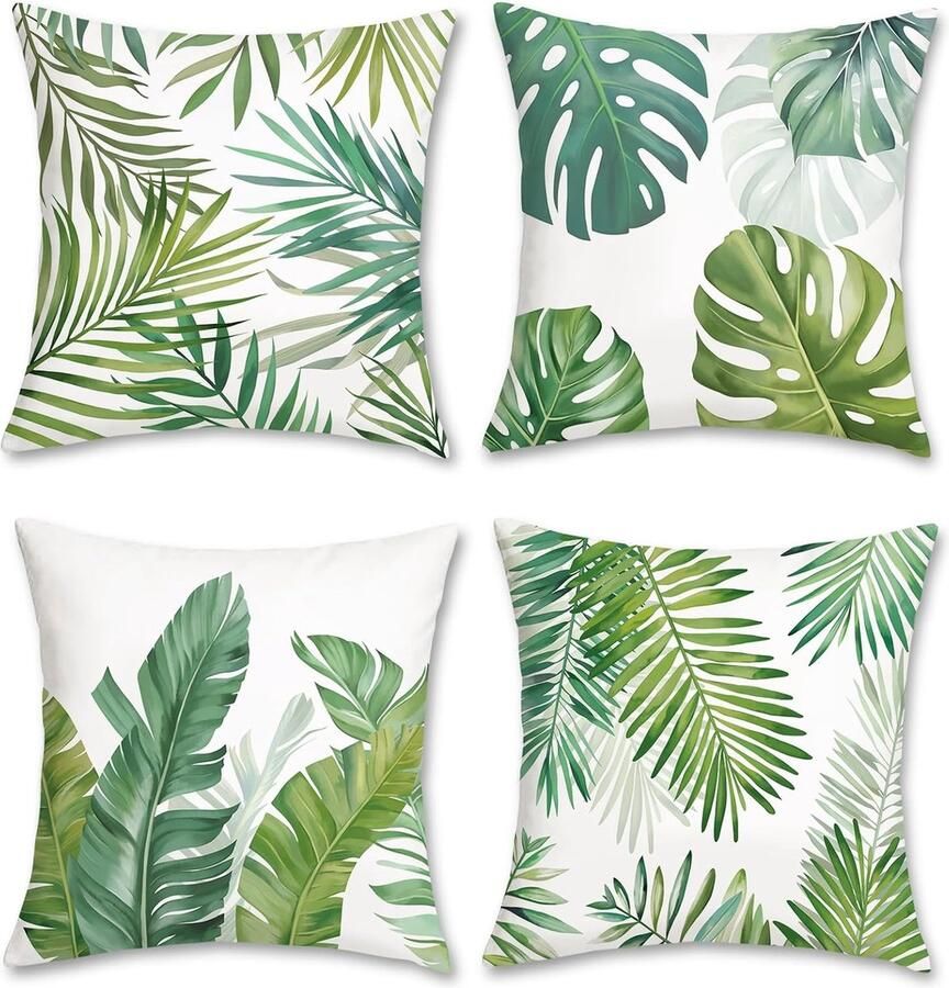 Set van 4 kussenslopen tropische bladeren 45 x 45 cm groen palmbladeren fluweel zachte decoratieve kussenhoezen sierkussenslopen voor bank thuis tuin lente zomer decoratie