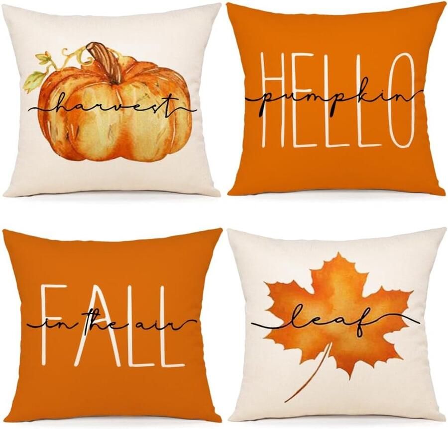 Set van 4 kussenslopen voor herfst 45x45 deco herfst linnen kussenslopen kransblad herfst pompoenkussen voor bank thuis tuin slaapkamer herfst kussen 45x45 cm