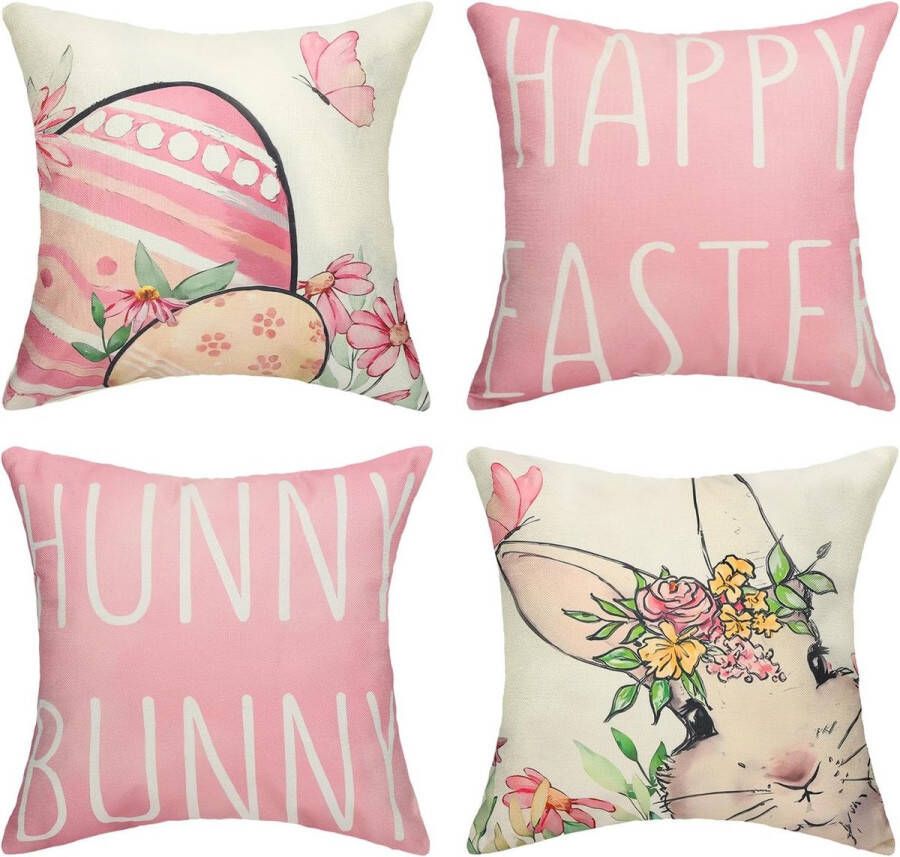 Set van 4 kussenslopen voor Pasen 45 x 45 cm haas bloemen Pasen Happy Pasen decoratie voor kussens bank woonkamer auto thuis decoratie (roze)