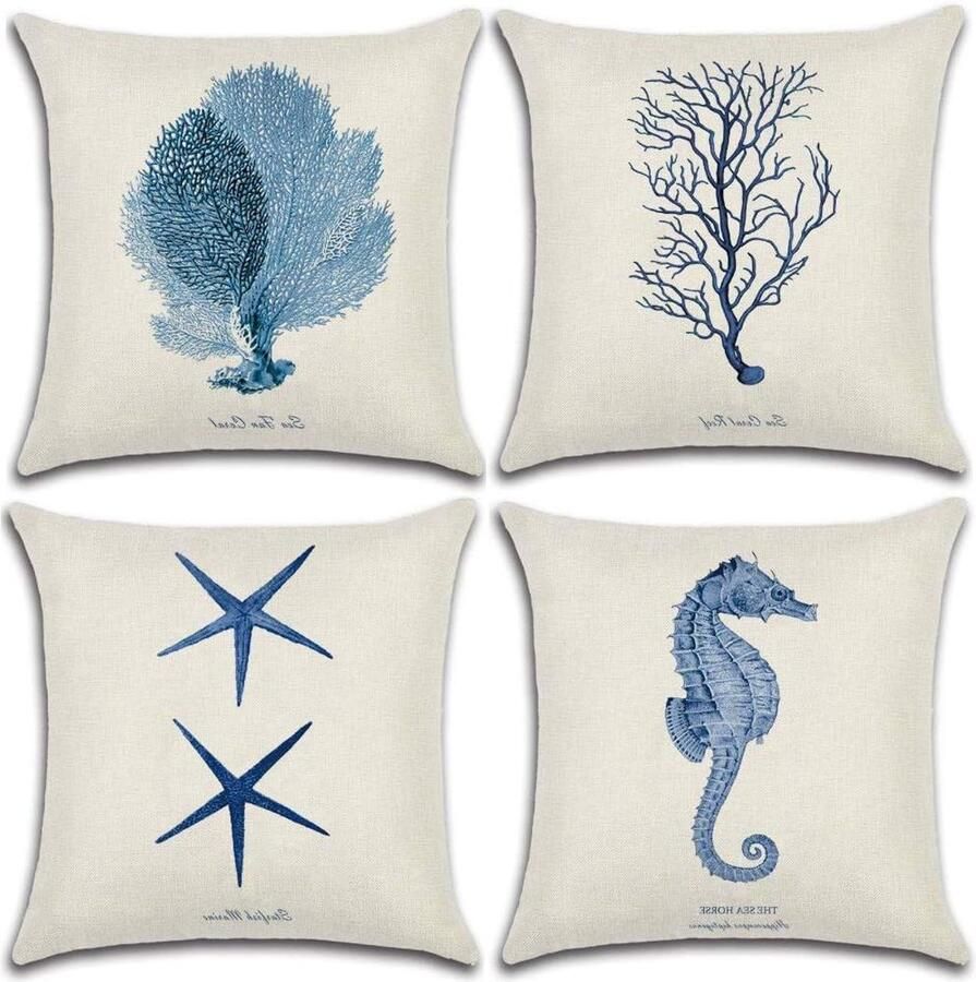 Allecto plus Set van 4 kussenslopen polyester linnen Autokussenhoes 45 x 45 cm Zeester en koraalmotief Voor slaapbank en woondecoratie