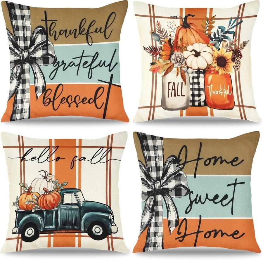 Set van 4 kussenslopen voor vrachtwagens 45 x 45 cm herfst pompoen zonnebloem kussensloop boho boerderij herfst kussenslopen decoratieve tuin-linnen kussensloop voor bank