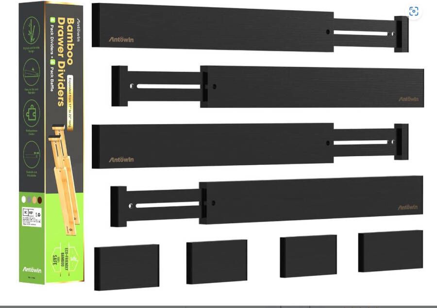 Set van 4 Ladeverdelers verstelbaar bamboe zwart (43 56 cm) lade-organizer geveerd keuken commode badkamer slaapkamer kledingkast en kledinglade pax