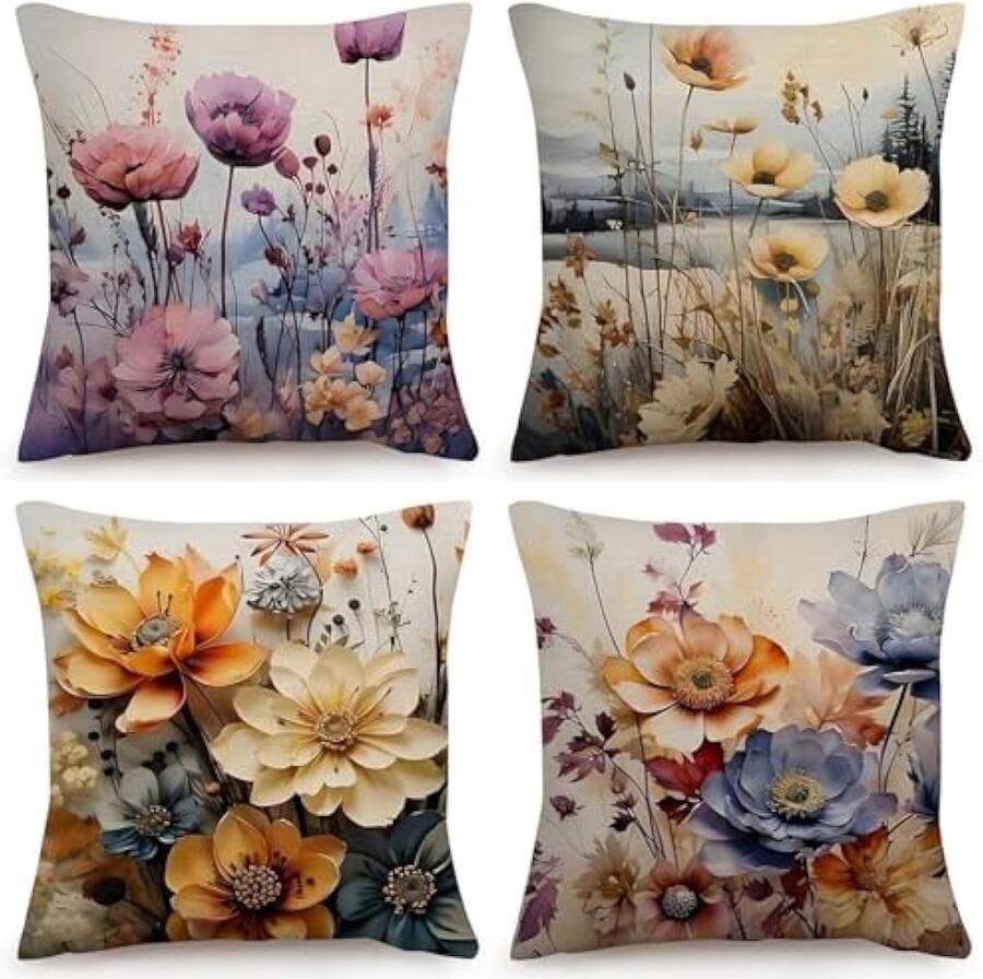 Set van 4 linnen kussenslopen 50 cm x 50 cm paarse bloemen kussenslopen vierkante kussensloop 50 x 50 cm decoratieve kussens bank kussenslopen buitenkussenslopen woondecoratie