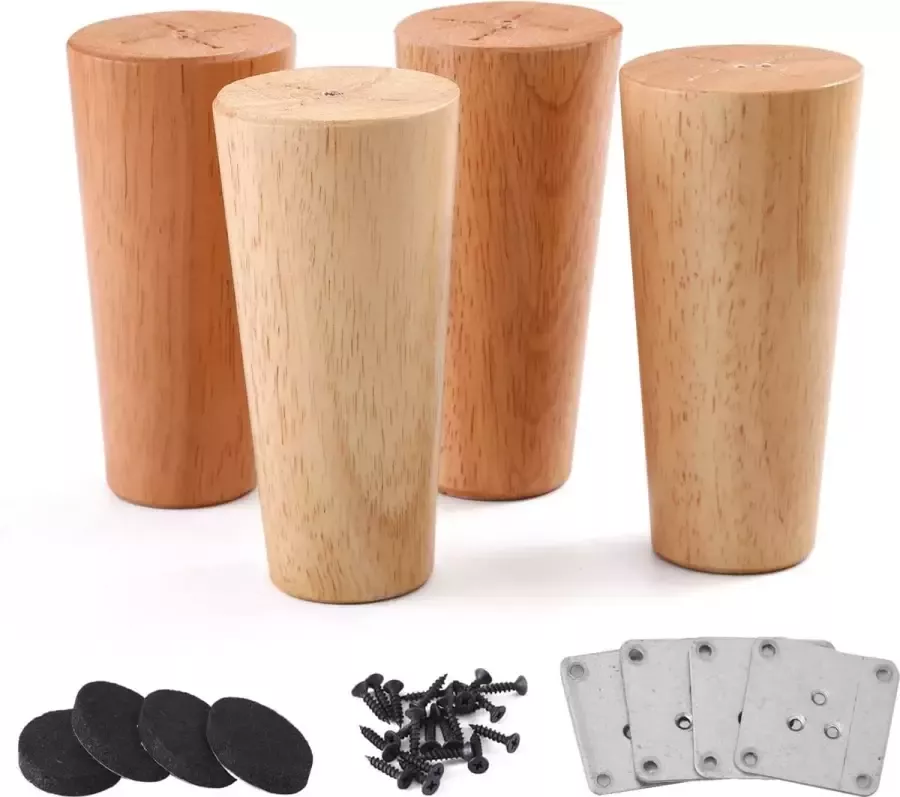 Set van 4 massief houten conische meubelpoten Eiken 12 cm inclusief schroeven en viltjes