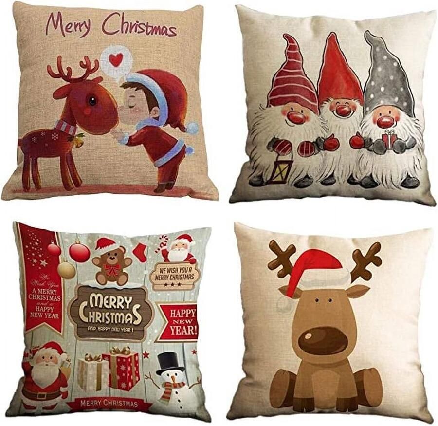 Set van 4 Merry Christmas sierkussenhoezen 18x18 inch decoratieve vierkante kussenslopen van katoen en linnen voor in de kamer slaapbank en auto