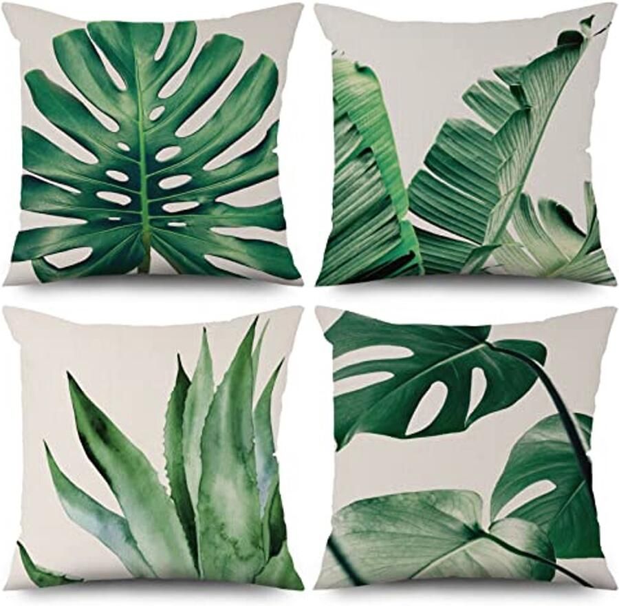 Set van 4 Minimalistische Kussenslopen 40x40 cm met Groene Bladeren voor Bank en Buitengebruik