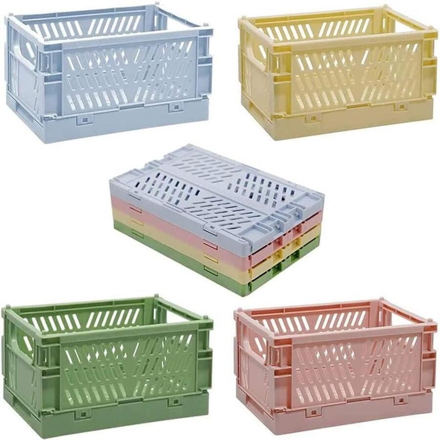 Set van 4 Minimanden Opvouwbare Kunststof Manden Stapelbare Fruitmanden voor Keuken Studie en Kantoor (Meerkleurig)