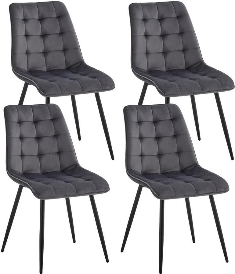 Set van 4 Moderne Eetkamerstoelen – Grijs Fluwelen Gewatteerde Stoelen met Ijzeren Poten – Nordic Stoelen voor Keuken en Woonkamer – Zwart Metalen Frame – Minimalistische Eetkamerstoel