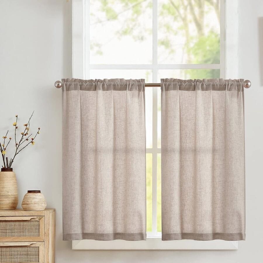 Vitrage Gordijnen Set van 2 Halftransparante Raamsjaal voor Keuken en Woonkamer Bruin 65 x 90 cm