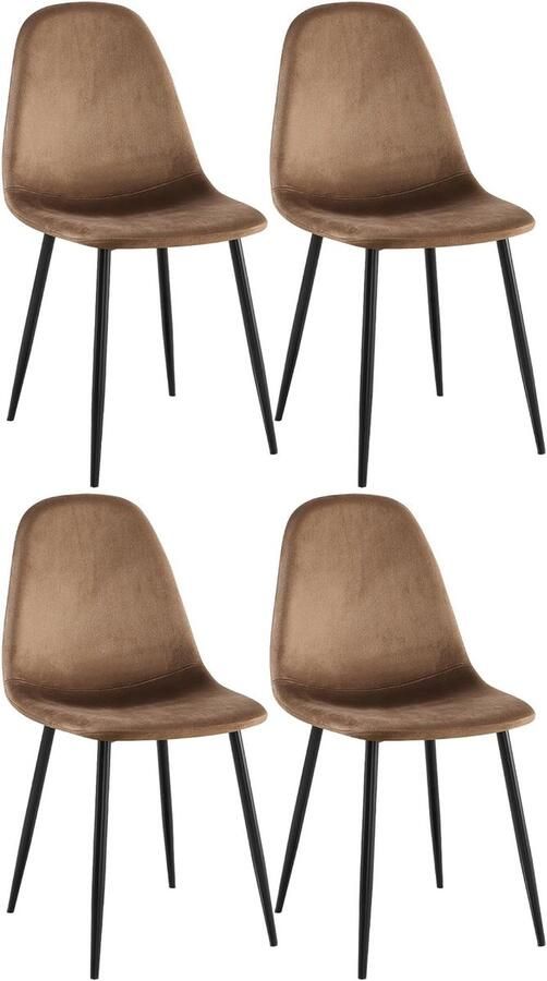 Set van 4 Moderne Eetkamerstoelen zonder Armleuning Comfortabele Rugleuning en Stevig Metalen Onderstel Bruin Fluweel