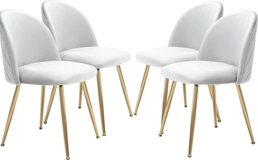Set van 4 moderne fluwelen eetkamerstoelen in beige hoge rugleuning en gouden poten