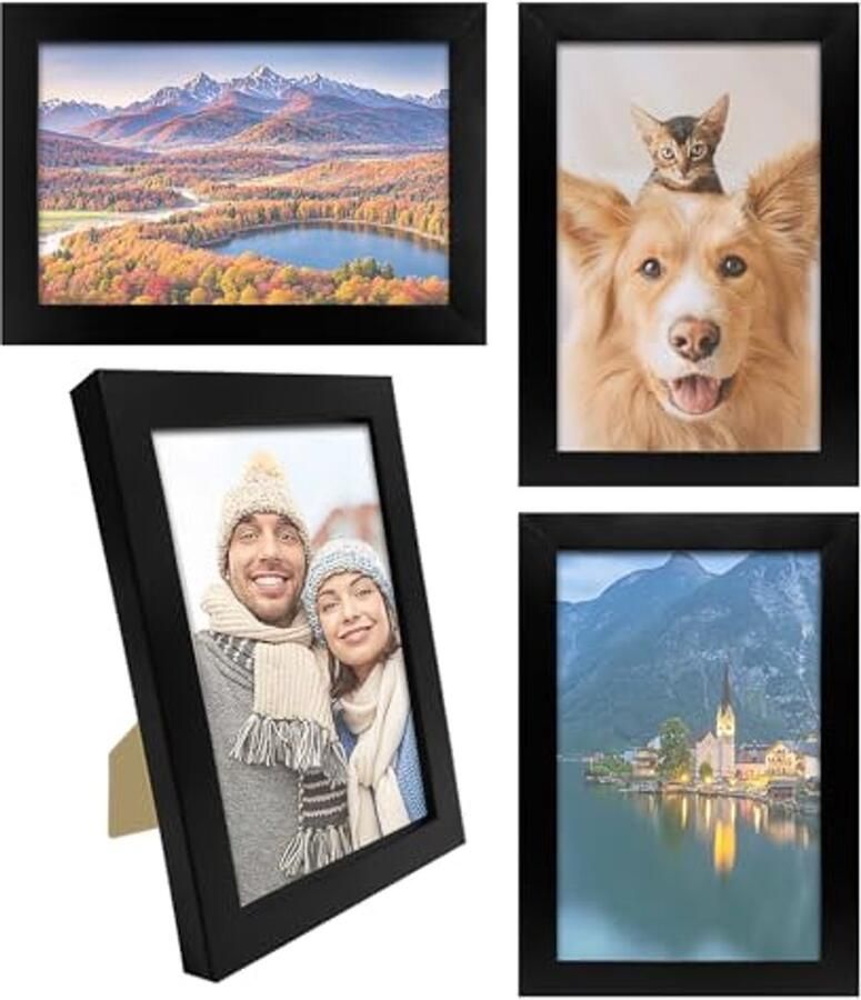 Set van 4 moderne fotolijsten 10 x 15 cm Zwart MDF met acrylplaat voor muren en tafels