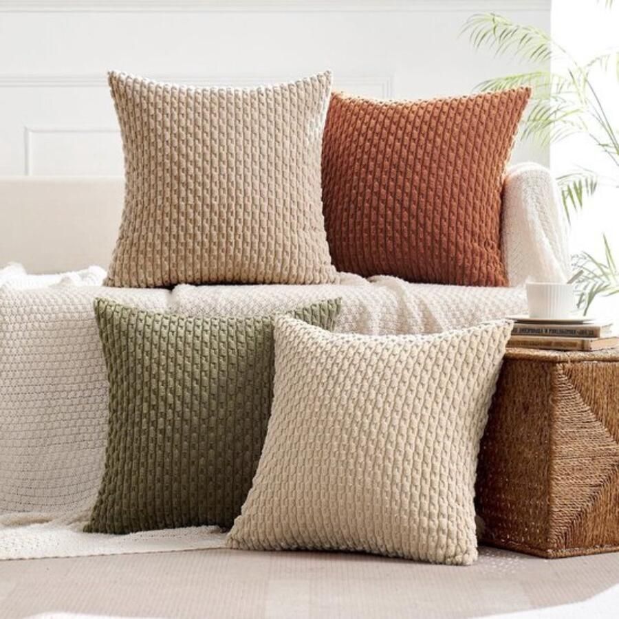 Set van 4 moderne geribbelde kussenhoezen voor bank en slaapkamer 40x40 cm bruingroene serie