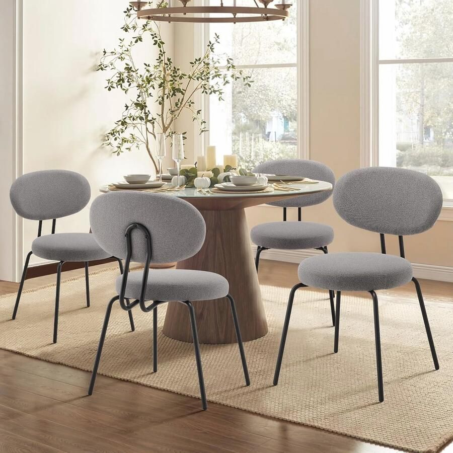 Set van 4 moderne gestoffeerde eetkamerstoelen met rugleuning comfortabele ronde zijstoelen voor keuken en restaurant grijs