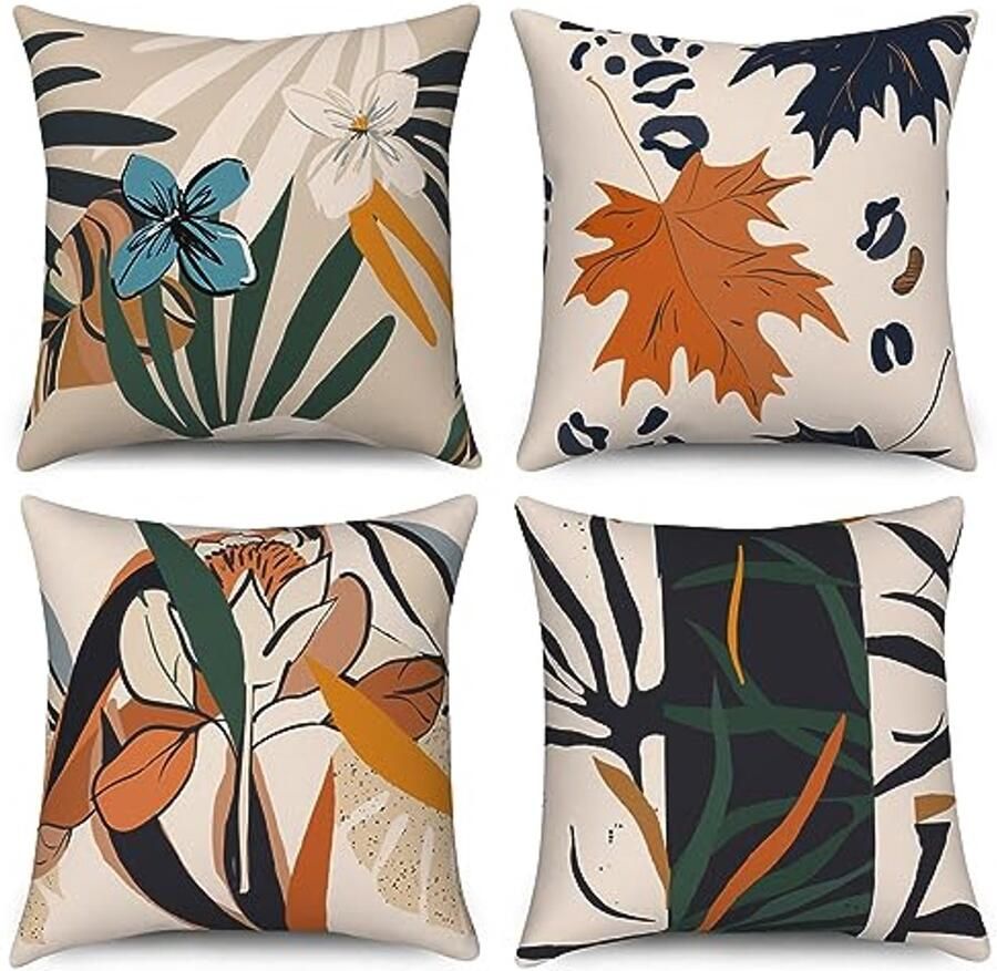 Set van 4 Moderne Kussenslopen met Kunstbloemen en Bladeren 40x40 cm Wasbaar Textiel voor Bank en Sierkussen