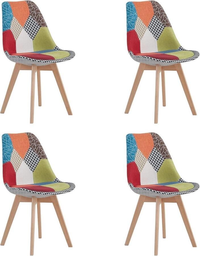 Set van 4 moderne patchwork eetkamerstoelen met gewatteerde zitting en houten poten