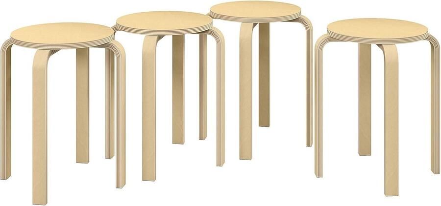 Set van 4 Stapelbare Krukken Multifunctionele Eetkamerkruk met Antislipmat en Natuurlijke Houten Afwerking