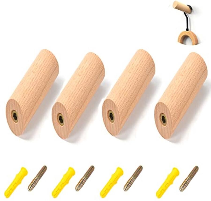 Set van 4 natuurlijke houten kapstokhaken vintage houten muurhaken natuurlijke beukenmuurhaken met schroef geschikt voor handdoeken jassen hoeden sjaals (3 x 8 cm)