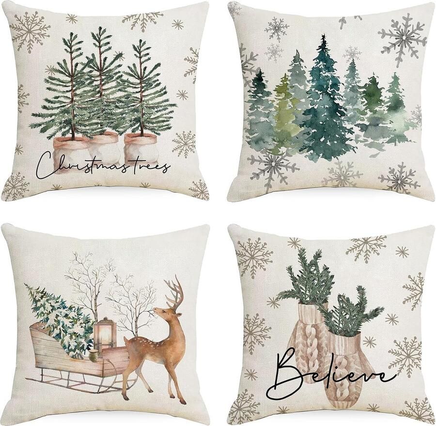 Set van 4 nostalgische linnen kerstkussenslopen 45 x 45 cm kerstdecoratie Amerikaanse kerstdecoratie kussensloop voor bank slaapkamer bed auto (A)