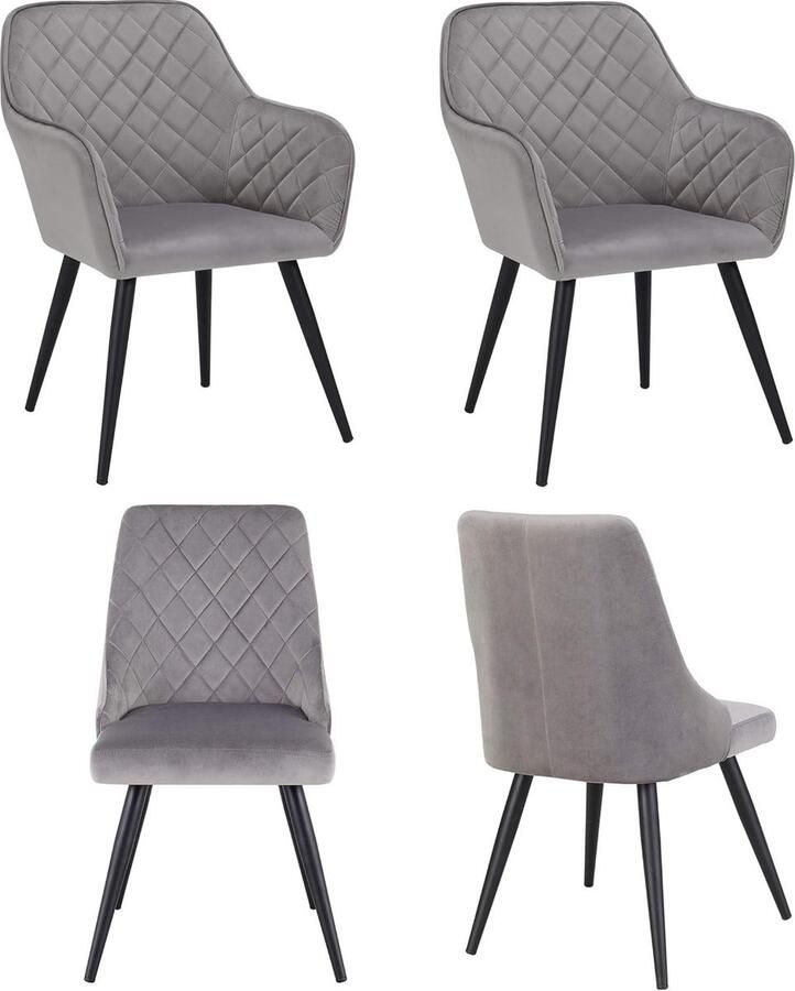 Set van 4 of 6 eetkamerstoelen van stof fluweel retro design gestoffeerde stoel en armleuning stoel met rugleuning stoel metalen poten kleurkeuze 8058 + 8089 grijs materiaal: fluweel