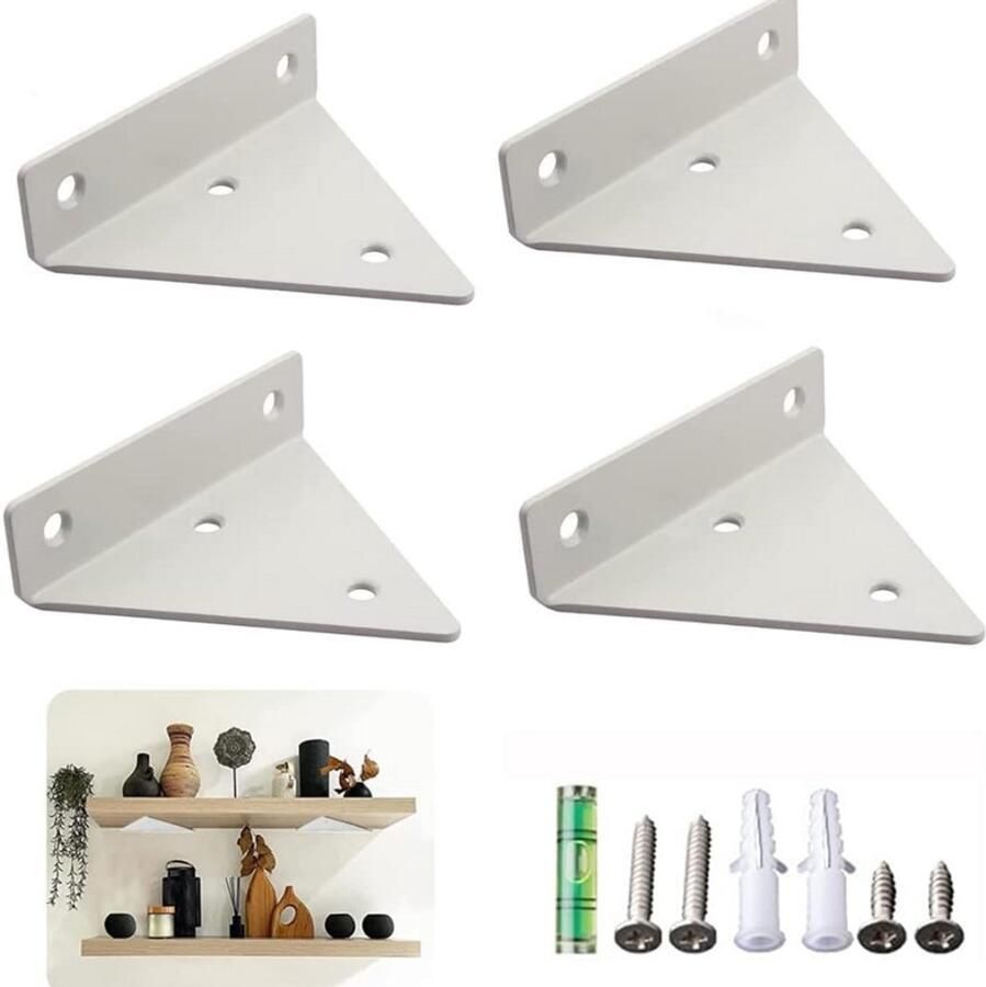 Set van 4 onzichtbare wandsteunen voor drijvende planken metalen driehoekige plankdragers wit
