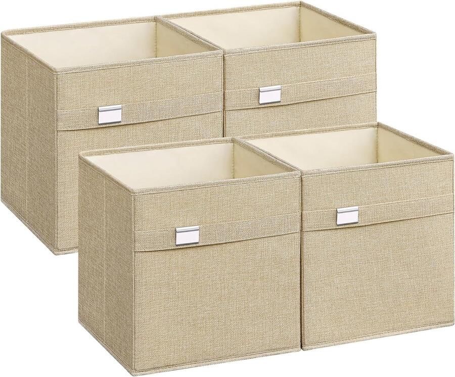Set van 4 Opbergdozen – 30 x 30 x 30 cm – Opvouwbaar Oxford-Stof Kunstlinnen Wasbaar Metalen Etikethouder Zandbeige – Ideaal voor Kubusplank en Kasten