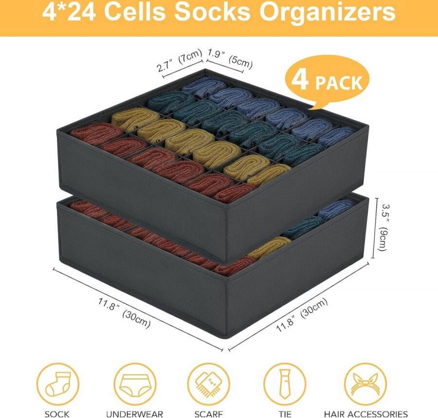 Set van 4 opbergdozen voor sokken en ondergoed 24 opvouwbare dozen (opvouwbare doos ladeverdelers lade-organizer stoffen dozen voor het opbergen van sokken (donkergrijs)