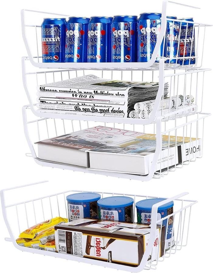 Set van 4 opbergmanden onder de plank hangende manden metalen onderkast hangende manden plankopslagorganisator kastmanden voor keuken kantoor badkamer kast wit