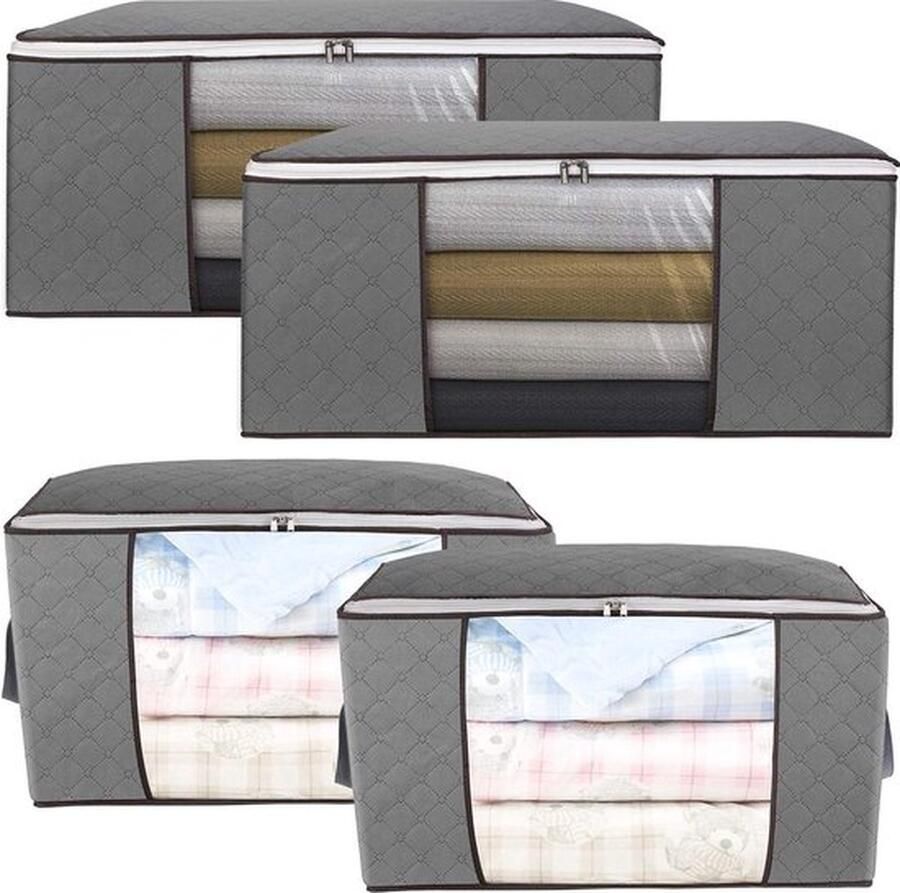 Set van 4 Opbergzakken voor Kleding 105L 84L Grote Capaciteit Opvouwbaar Transparant Venster Versterkt Handvat en Stevige Rits Grijs Ideaal voor Beddengoed Dekbedden en K