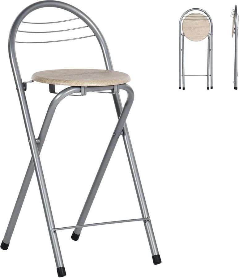 Set van 4 Opvouwbare Barkrukken – Klapkrukken met Rugleuning 61 cm Zithoogte Eiken Zilver Voor Binnen & Buiten