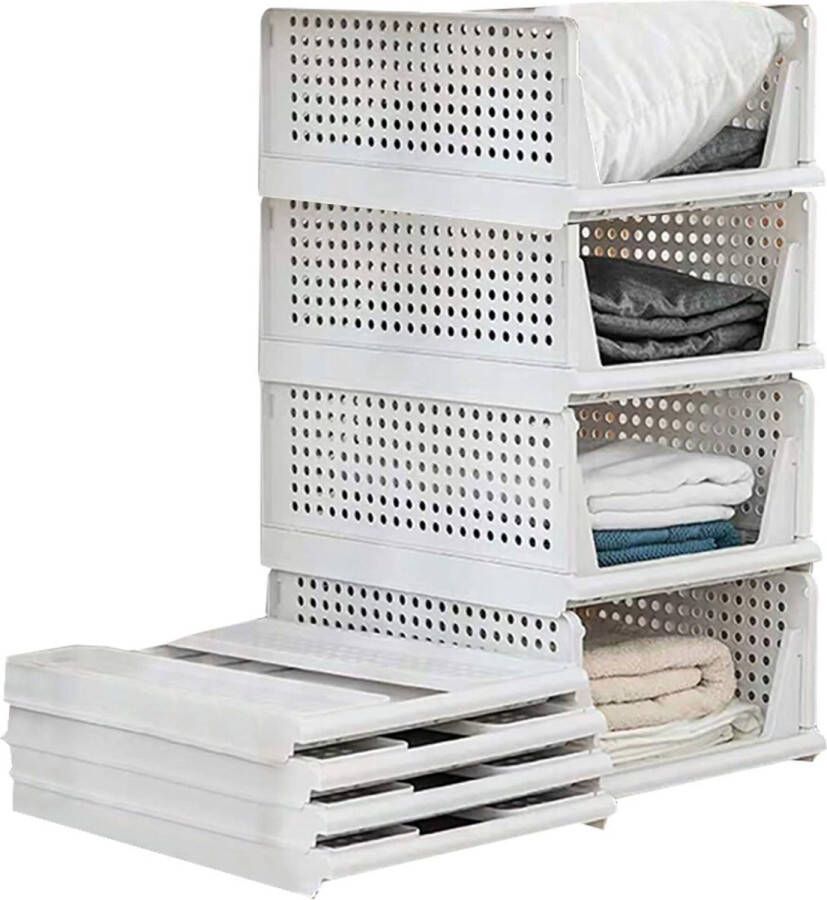 Set van 4 Opvouwbare Garderobe Opbergdozen Kunststof Opbergdozen Plankmanden Opvouwbare Keuken Lade Inzetstukken Stapelbare Opbergdozen Transportdozen Kast Container Kubus Uitschuifbare Lade Wit