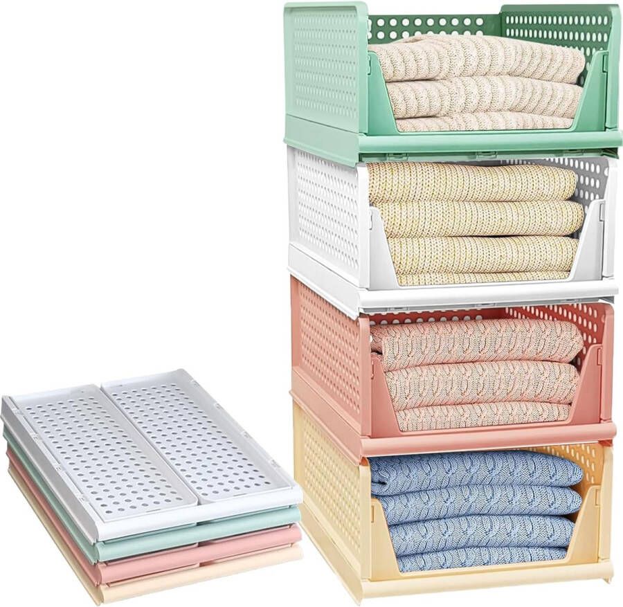 Set van 4 opvouwbare kledingkastorganizer ladekast stapelbare opbergdozen kunststof organisator plankkast voor kleding slaapkamer keuken badkamer kleurrijk