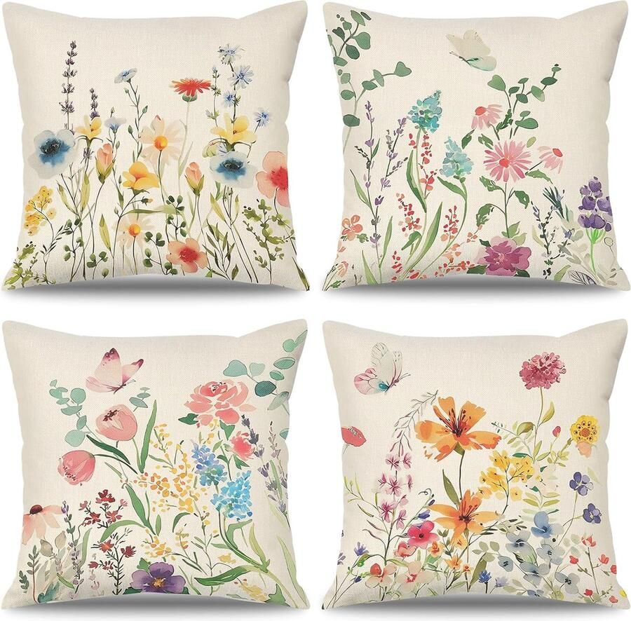 Set van 4 outdoor kussenhoezen 45 x 45 cm tuinkussen bankkussen kleurrijke bloemen vlinders kussenslopen zomer boerderij sierkussen linnen sierkussen voor thuis bank tuin bank