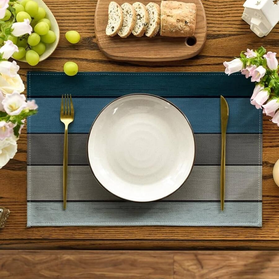Set van 4 placemats antiek rustiek blauw grijs polyester 30 x 45 cm