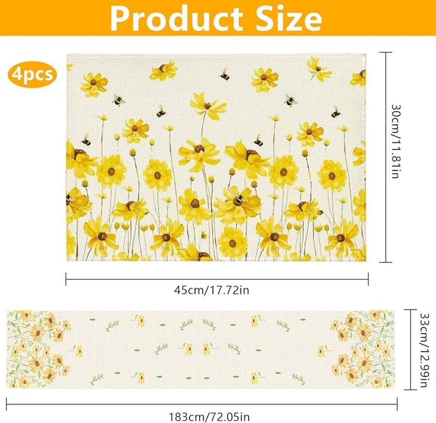 Set van 4 placemats en 1 tafelloper Gele madeliefjes Vlas 30 x 45 cm
