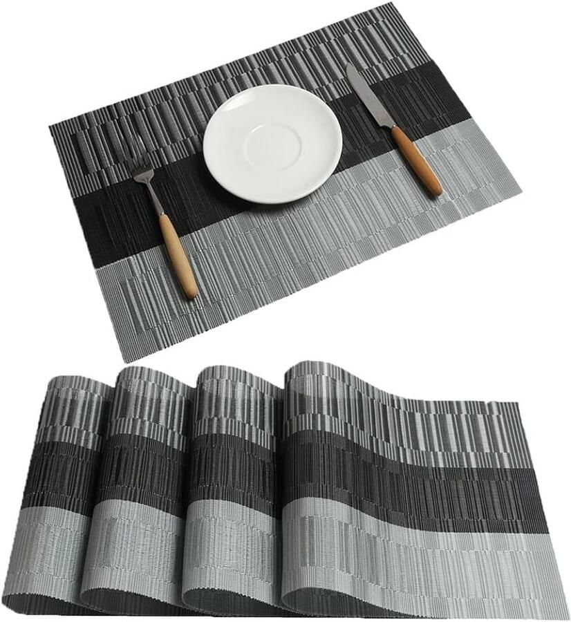 Set van 4 placemats met tafelloper zwart wasbaar PVC