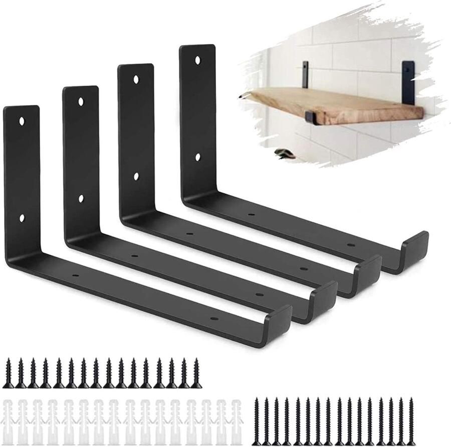 Set van 4 plankhouders stevige zwevende plankdragers zwart 25 cm
