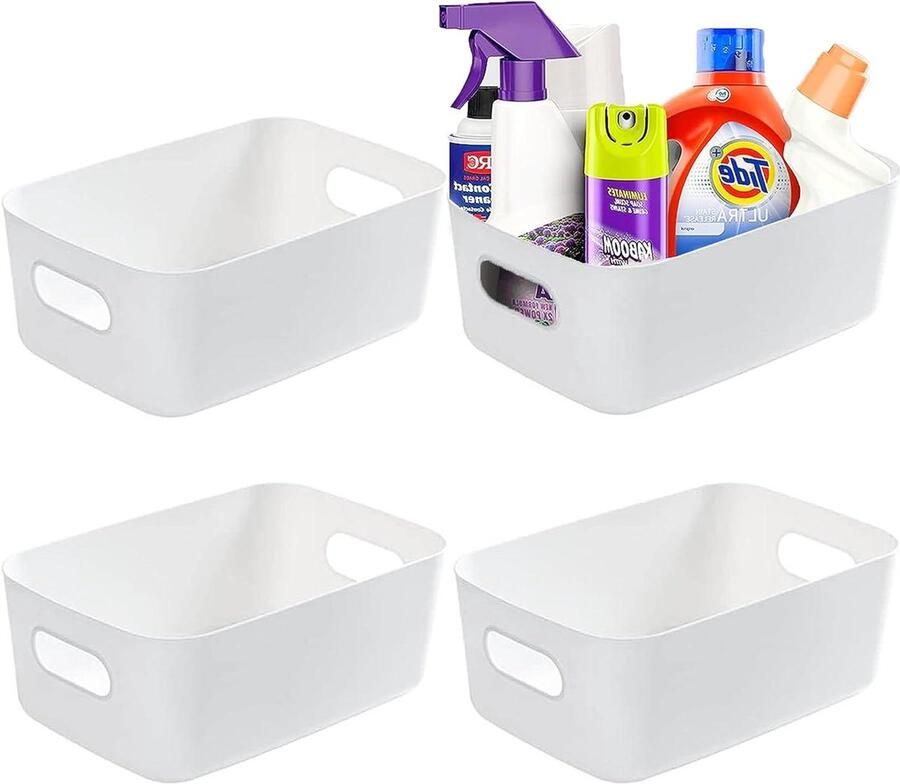 Set van 4 plastic opbergmanden voor thuis kantoor en keuken Netjes Organizer Studiomanden met Handvat Rechthoekige Opbergmand voor Badkamer Wit Ruime Opbergruimte Stijlvol Design