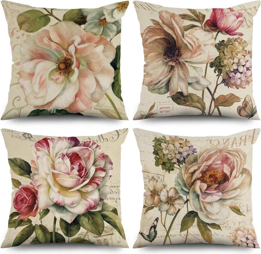 Set van 4 Retro Bloemen Kussens voor bank 40 x 40 cm Roze en Beige Polyester en Vlas